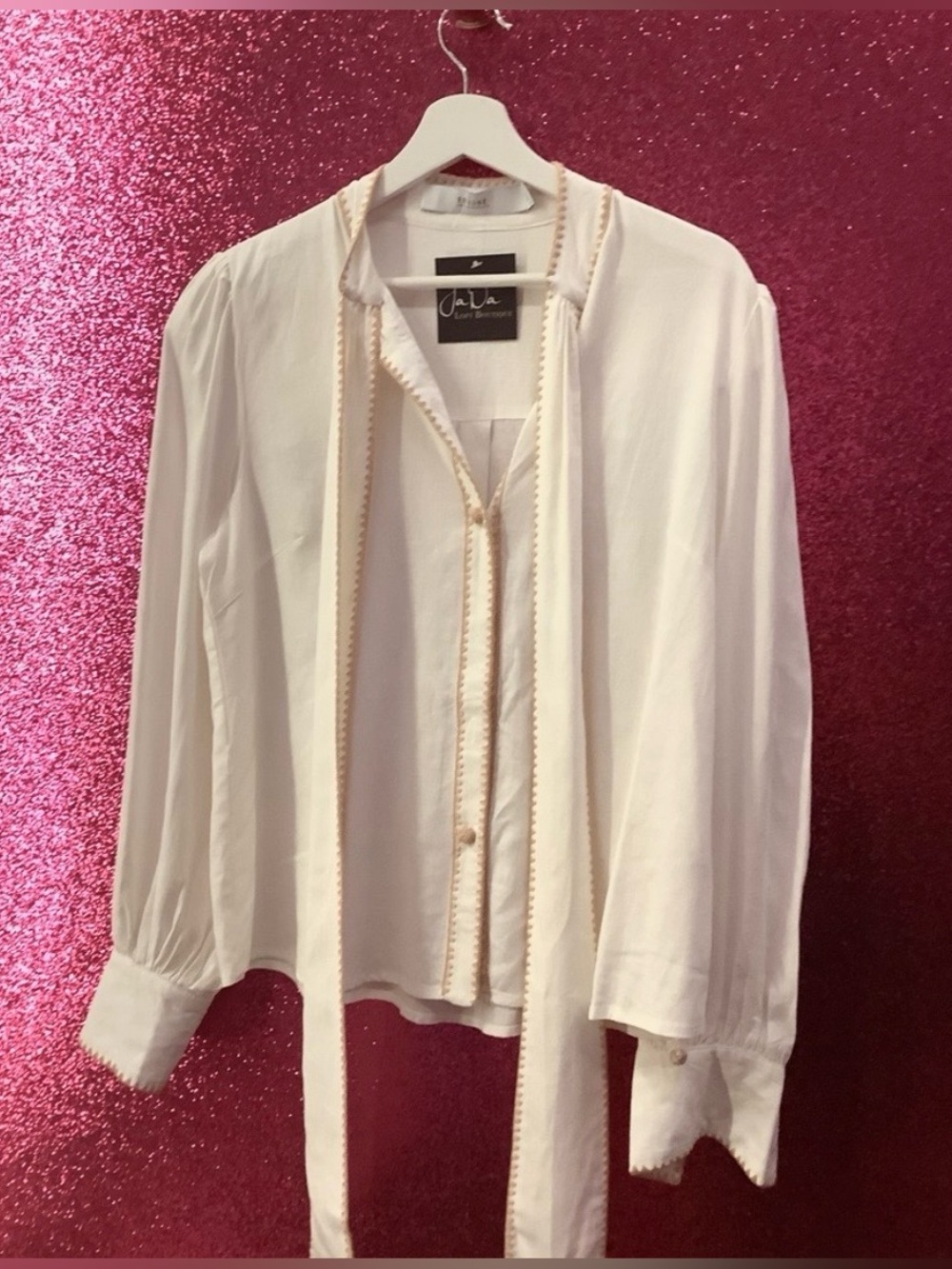 Joie Cream Tie-Neck Long Sleeve Blouse with Trim